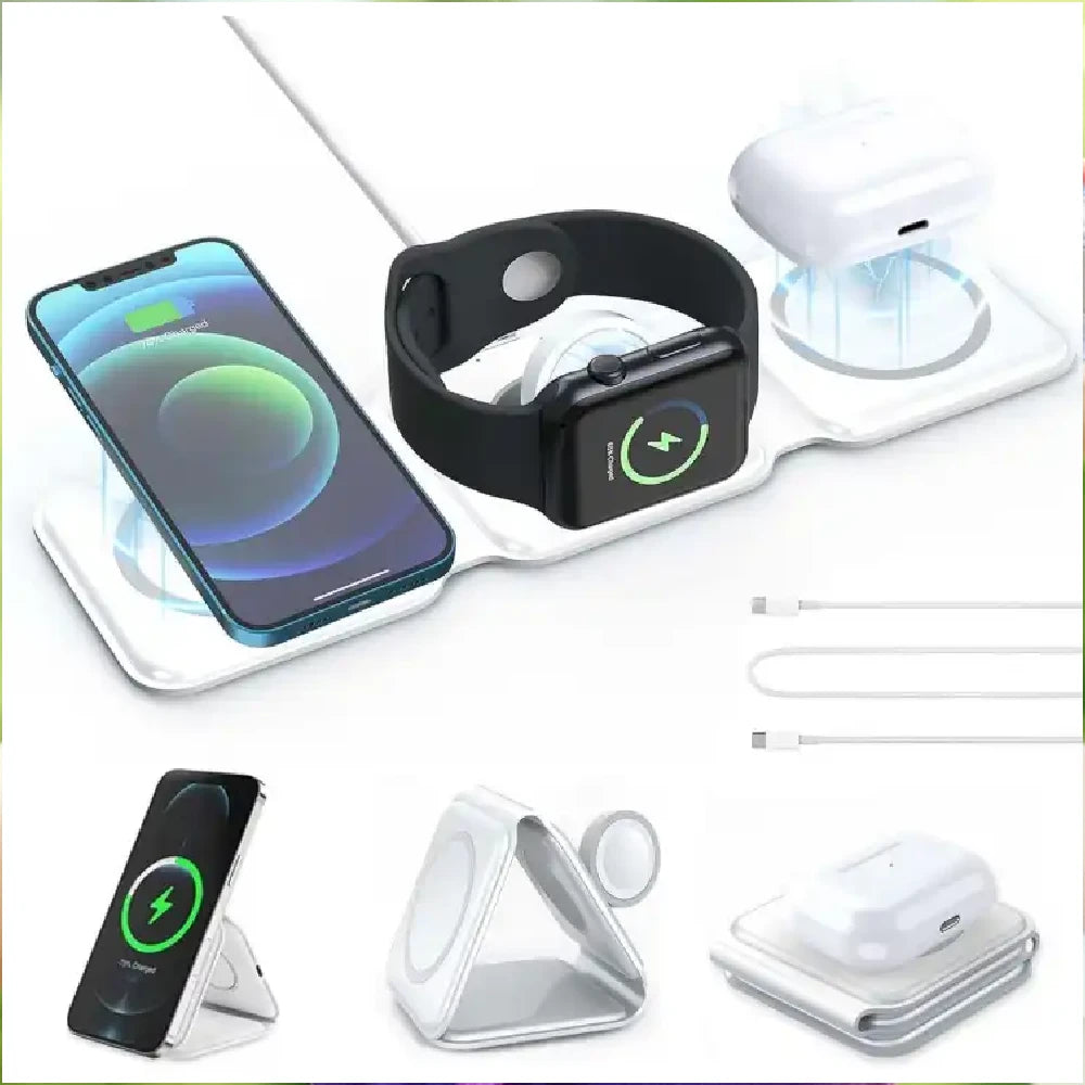 Wireless Charger 3 in 1, Magnetic Foldable Wireless Charging Station for iPhone 15/14/13/12/11/8/Plus/Pro/Max/Mini/X/XS/XR/XS Max/Pro Max, Apple Watch iWatch, AirPods 2/3/Pro/Pro 2 (White)