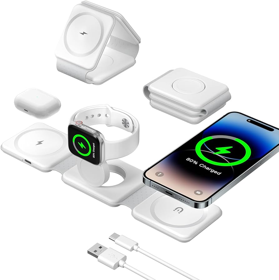 Wireless Charger 3 in 1, Magnetic Foldable Wireless Charging Station for iPhone 15/14/13/12/11/8/Plus/Pro/Max/Mini/X/XS/XR/XS Max/Pro Max, Apple Watch iWatch, AirPods 2/3/Pro/Pro 2 (White)