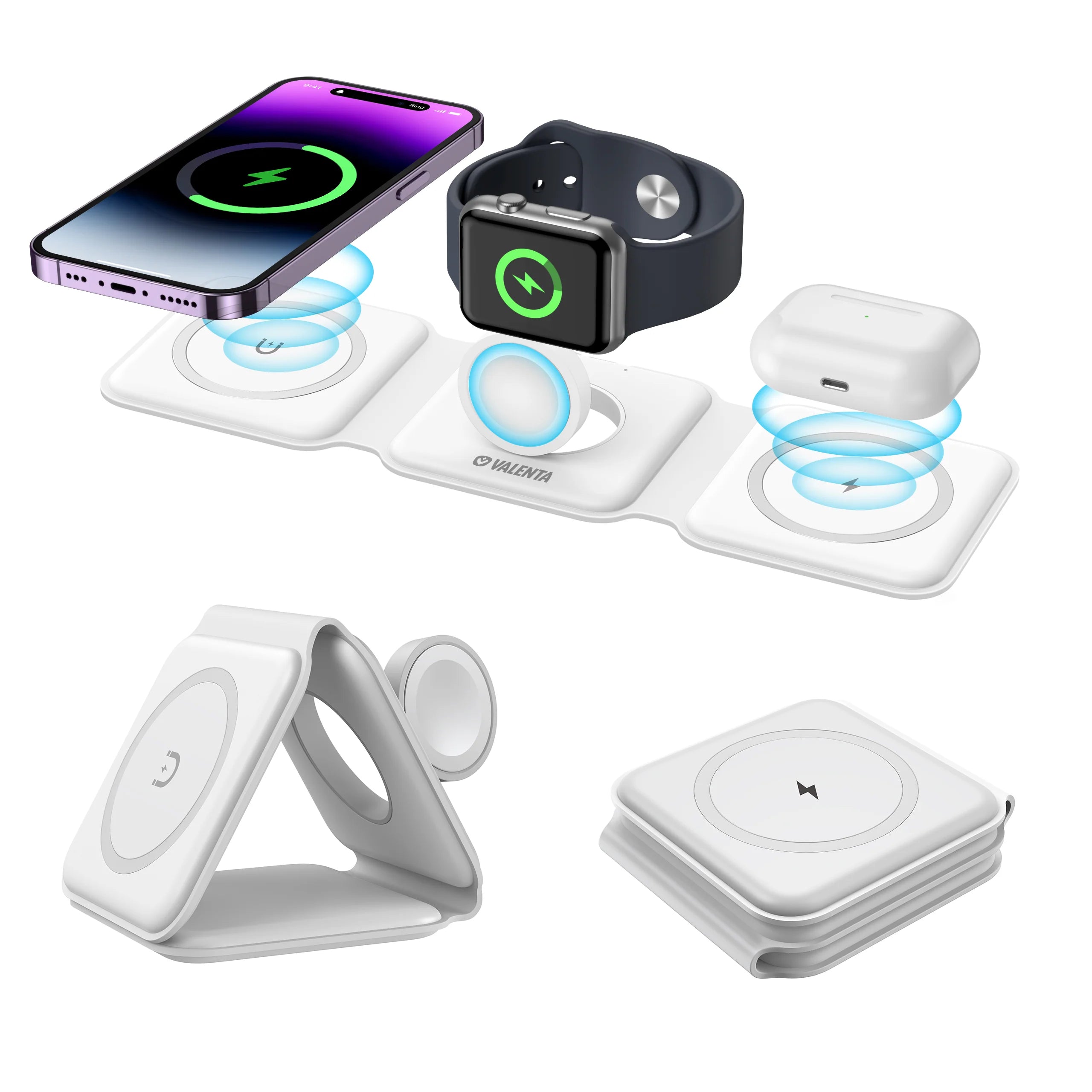 Wireless Charger 3 in 1, Magnetic Foldable Wireless Charging Station for iPhone 15/14/13/12/11/8/Plus/Pro/Max/Mini/X/XS/XR/XS Max/Pro Max, Apple Watch iWatch, AirPods 2/3/Pro/Pro 2 (White)